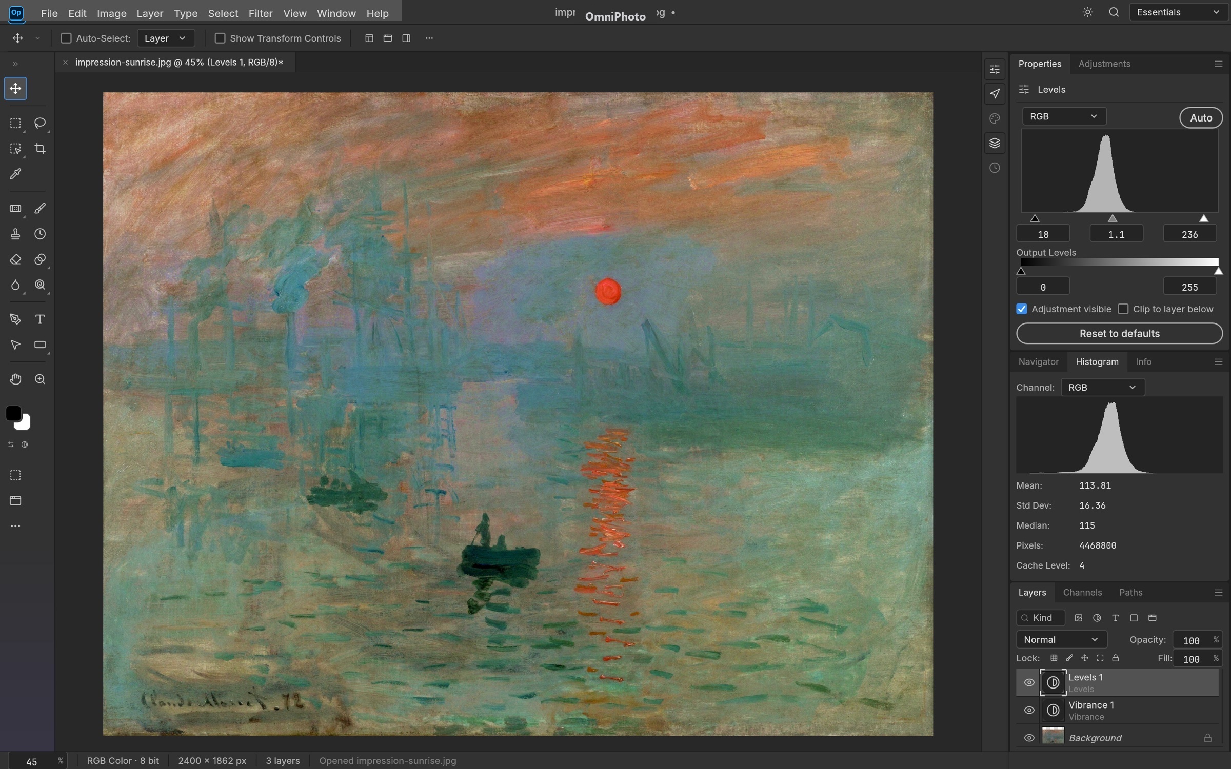 OmniPhoto WebAssembly Studio: Non-Destructive Adjustment Layers workflow applied to Impression, Sunrise — Claude Monet, 1872