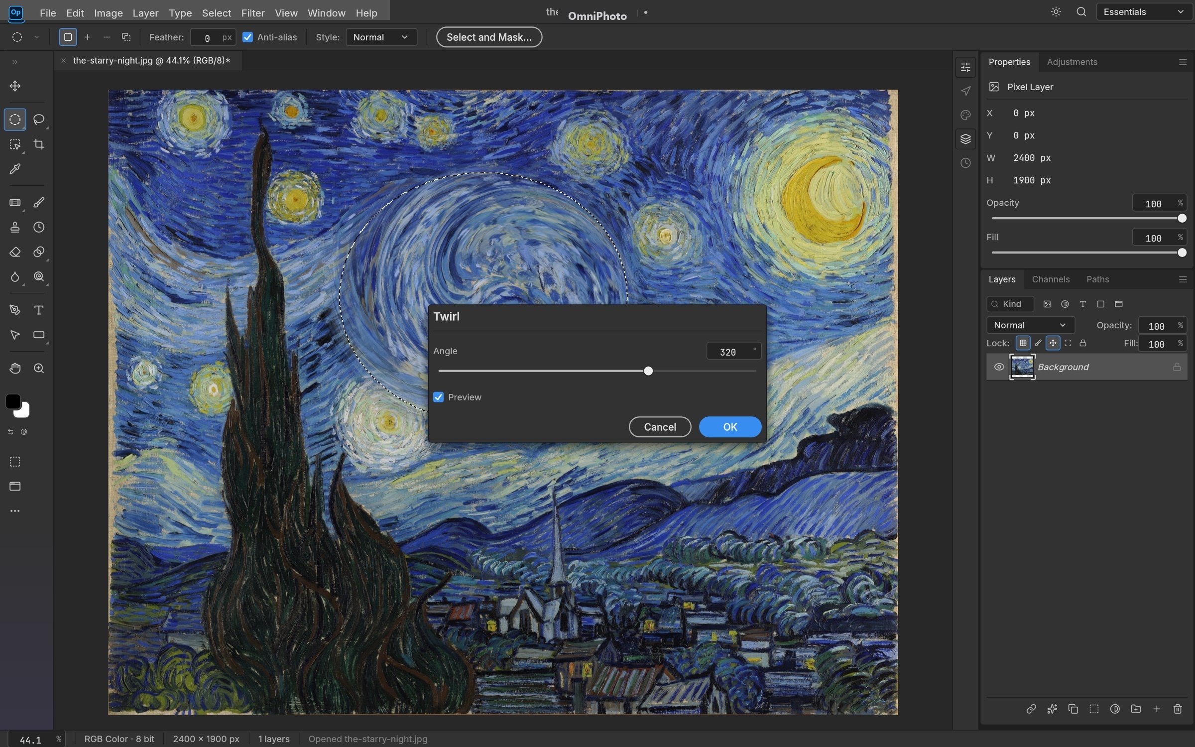 OmniPhoto WebAssembly Studio: Real-Time Live Filter Previews workflow applied to The Starry Night — Vincent van Gogh, 1889