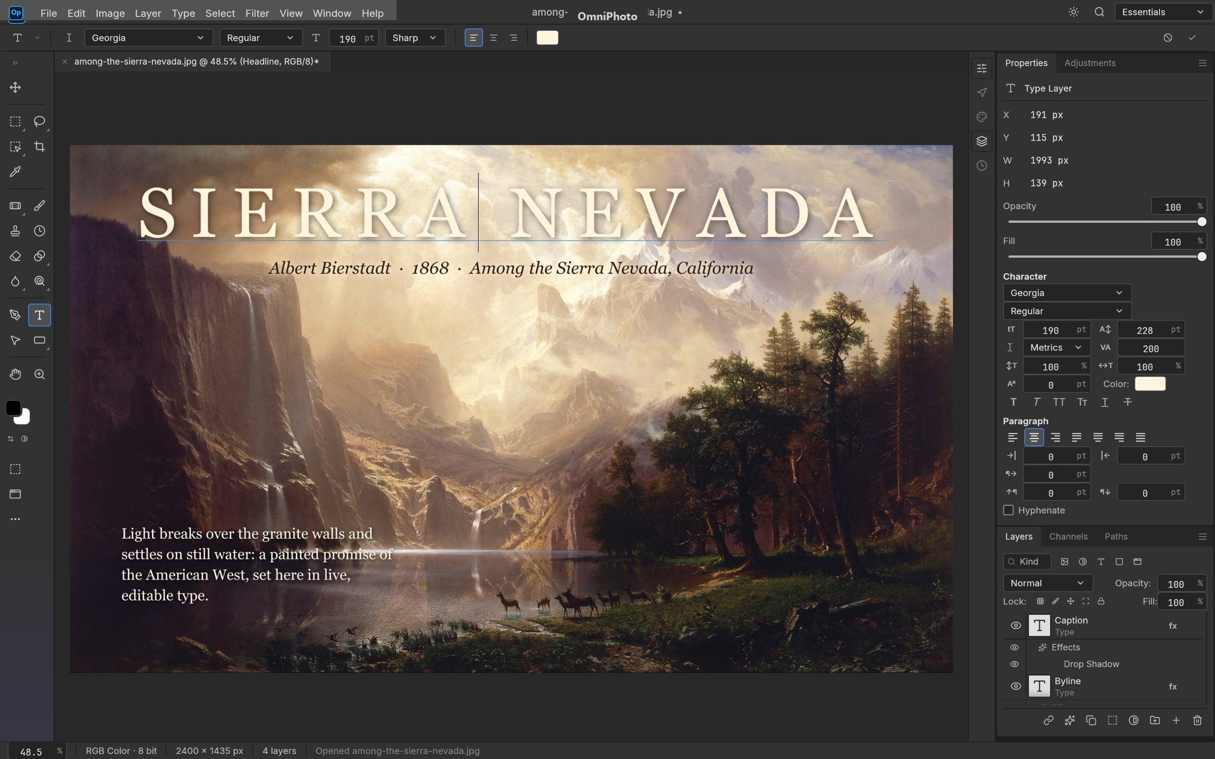 OmniPhoto WebAssembly Studio: Canvas Typography & Type Styles workflow applied to Among the Sierra Nevada — Albert Bierstadt, 1868